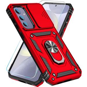 SunStory Compatible with Samsung Galaxy S24 FE 5G Case with HD Screen Protector & Slide Camera Cover & Rotated Ring Kickstand, [Military-Grade] Phone Case for Galaxy S24 FE (Red)