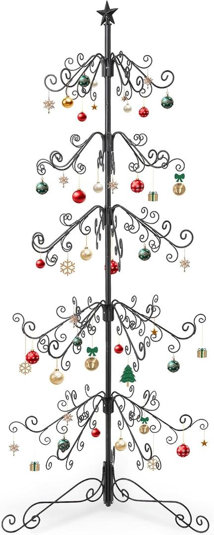 Metal Christmas Tree Ornament Display, 6 Ft Ornament Tree Display Stand with 144 Hooks, 6-Tier Wrought Iron Christmas Tree for Holiday Christmas Halloween Decorations Gift, Easy Assembly, Black