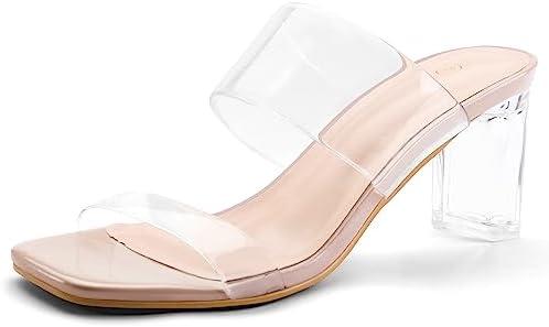 mysoft Clear Heels for Women Transparent Two Strap Block Chunky Square Heel Sandals Open Toe Slip On Sandals Size 7