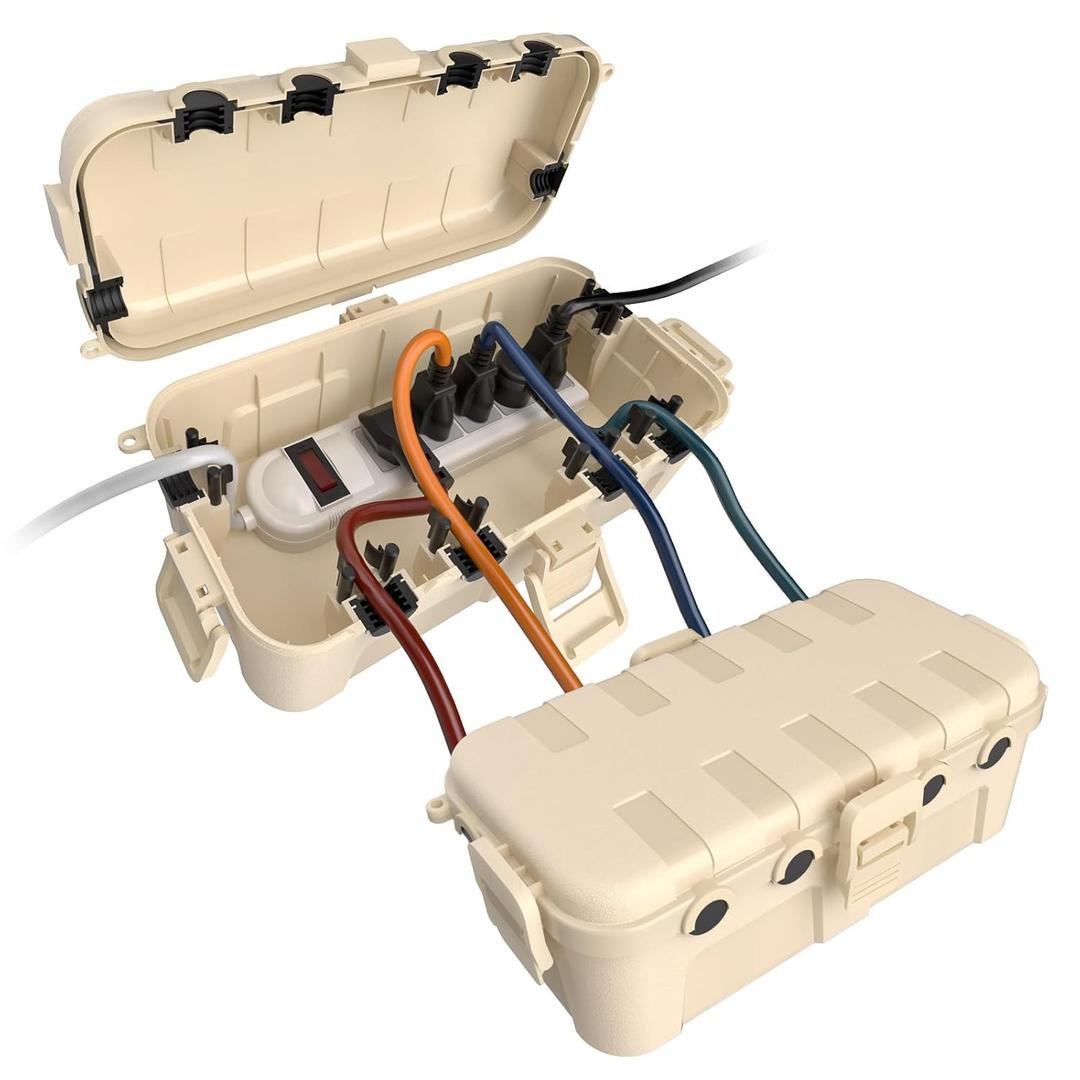 Flemoon [2 Pack] Outdoor Electrical Box Waterproof, Medium Weatherproof Electrical Box (11.5x5.2x4 inch) w/6 Cable Entry Ports, Extension Cord Cover for Power Strip, Timer, Holiday Light, Almond