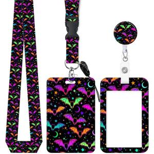 ID Badge Holder with Retractable and Detachable Lanyard, Cute Badge Reel Breakaway Lanyard with Carabiner Clip for Women, Teachers, Nurses, Students, Perfect Work and Office (Purple Bats)