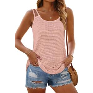 MEROKEETY Women's Summer Tank Top Casual Beach Vacation Sleeveless Spaghetti Strap Waffle Camisole Shirt (Pink, XL)