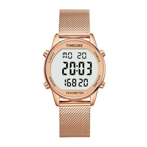 TIMEURE Women's Step Counter Pedometer Watch with Stainless Steel Bracelet, Stylish Design, No App, No Charging Needed for Step, Calorie, Distance Tracking, Alarm, Countdown Timer, TU-2401 (Rose Gold)