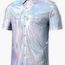Arjen Kroos Mens Sequin Top 70s Outfit Disco Rave Party Collared T-Shirt Short Sleeve Breathable Metallic Shirt, Size L