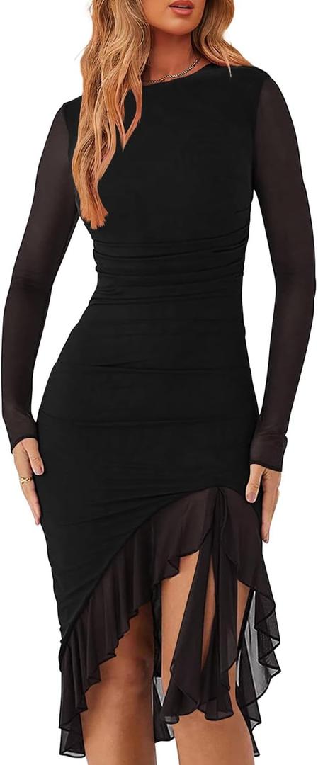Womens Sexy Ruched Bodycon Midi Dress Long Sleeve High Low Formal Cocktail Party Dress (Black)