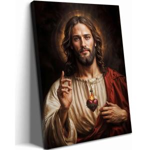 Framed Christian Wall Art, Sacred Heart of Jesus Pictures Wall Decor, Jesus Portrait Paintings Canvas Prints Religious Home Decor for Living Room Bedroom Church Prayer Room 16X24 inch