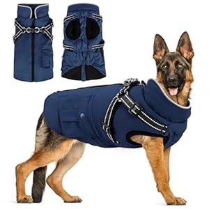 Dog Winter Coat with Harness | Dog Jacket Waterproof with Zipper and Fleece | Warm Dog Coat with Reflective for Large Dogs (Navy Blue)
