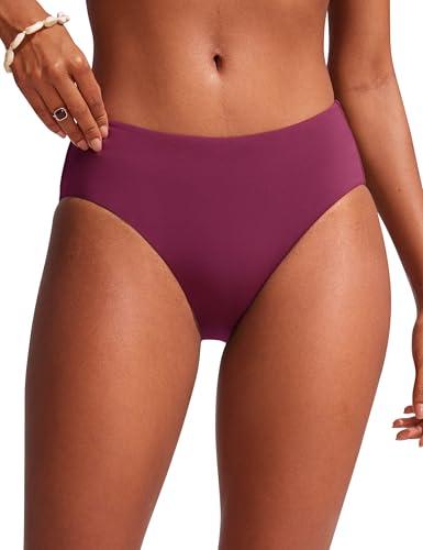 CRZ YOGA Mid Waisted Bikini Bottoms for Women - Full Coverage Bathing Suit Swimsuit Basic Swim Briefs Fuchsia Large