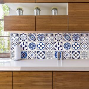 WALPLUS 24pcs 6" Peel and Stick Vinyl Backsplash Tiles Stickers Tile Paint Removable Waterproof Self-Adhesive Decals Vinyl Home Kitchen Bathroom Spring Easter Decoration (Spanish & Moroccan Blue)
