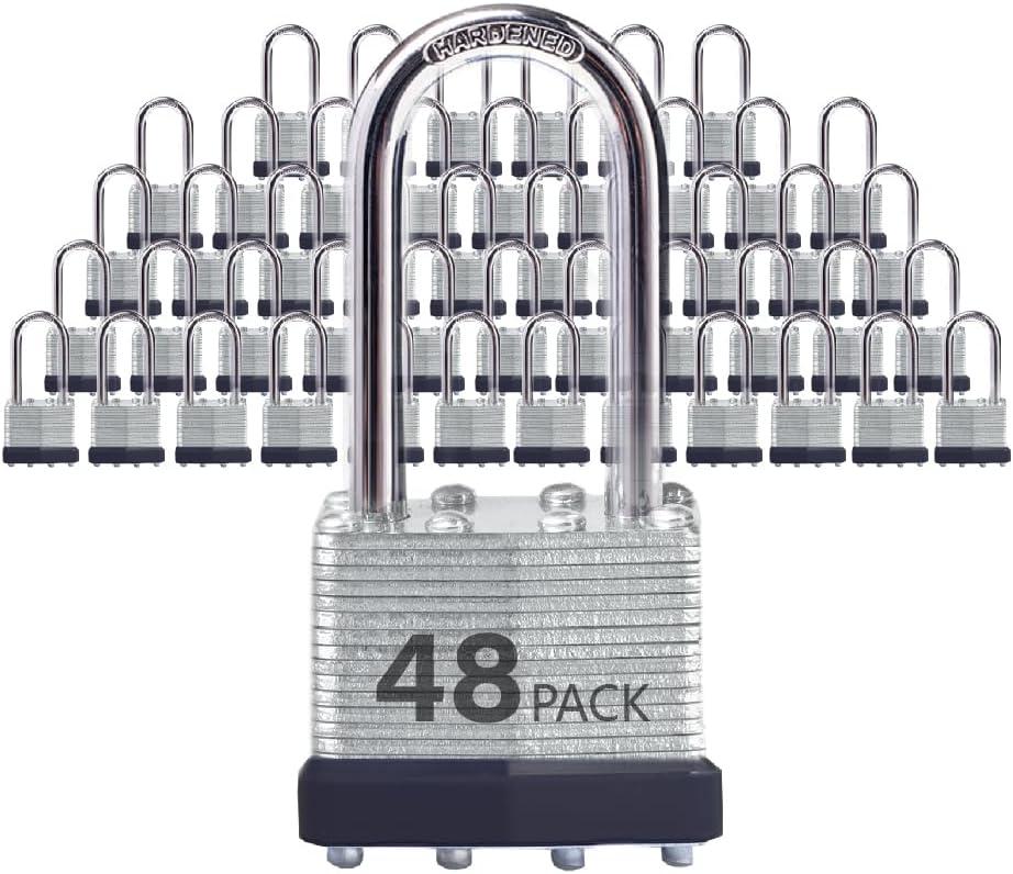 Keyed Alike Laminated Steel Padlocks with Long Shackle for Sheds, Fences & Lockers (48-Pack)