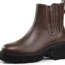 IDIFU IN2 Women's Chelsea Boots Platform Low Block Chunky Heeled Ankle Boots Round Toe Lug Sole Slip On Dress Boots Fall Work Dressy Comfortable Fashion Casual Short Booties Shoes (Brown)