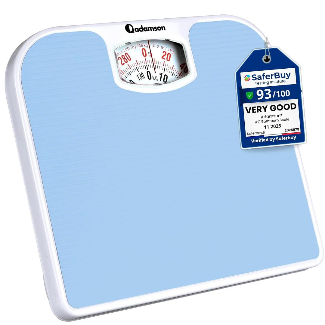 Adamson A21 Analog Scales for Body Weight - Up to 300 LB - New - Anti-Skid Rubber Surface + Large Numbers - Analog Bathroom Scale - Affordable - Durable with 20-Year Assurance - Light Blue