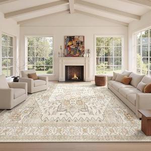 8x10 Area Rugs for Living Room, Stain Resistant Neutral Washable Rugs for Dining Room, Vintage Non-Slip Thin Large Size Area Rug, Printed Vintage Home Decor Rug Gold