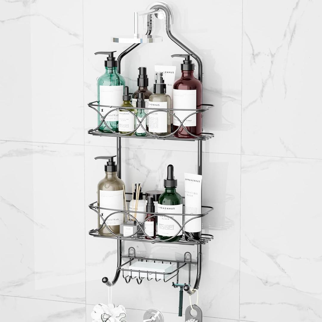Shower Caddy Hanging Organizer, Over Shower Head Rack Removable Design For Versatile Storage of Bottles and Accessories With Suction Cup Hooks Black Coated