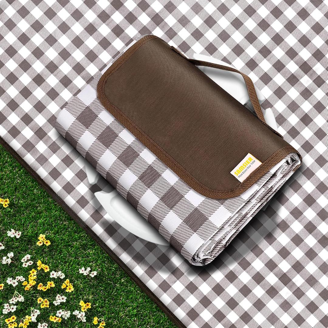 Outdoor Picnic Blankets Waterproof Foldable, Large Beach Blanket Sandproof, Gingham Picnic Mat Cute Washable Portable (Brown, 60"80") (5' x 6'8" (Rectangular))