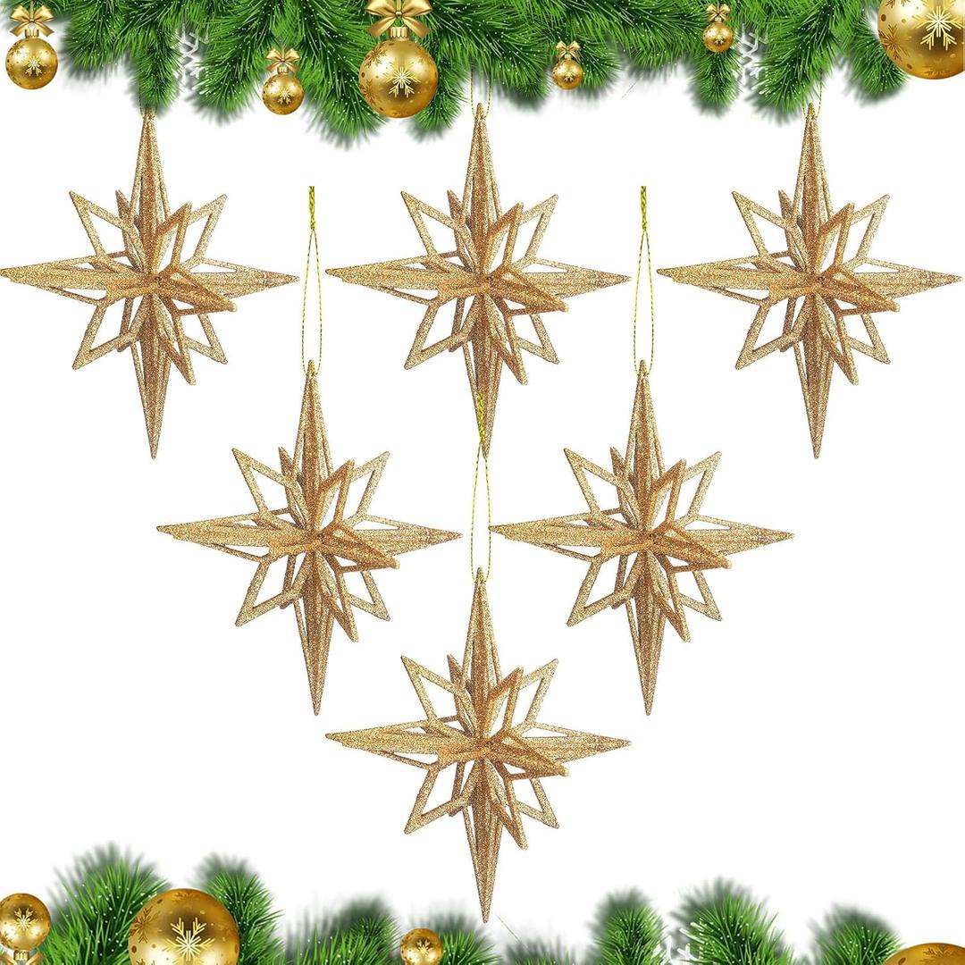 Soulchen 6 Pcs Gold Christmas Bethlehem Star Ornaments - 7.5'' Glitter Moravian Star for Christmas Tree Vintage Ornament for Xmas Tree Garland Holiday Party Decorations