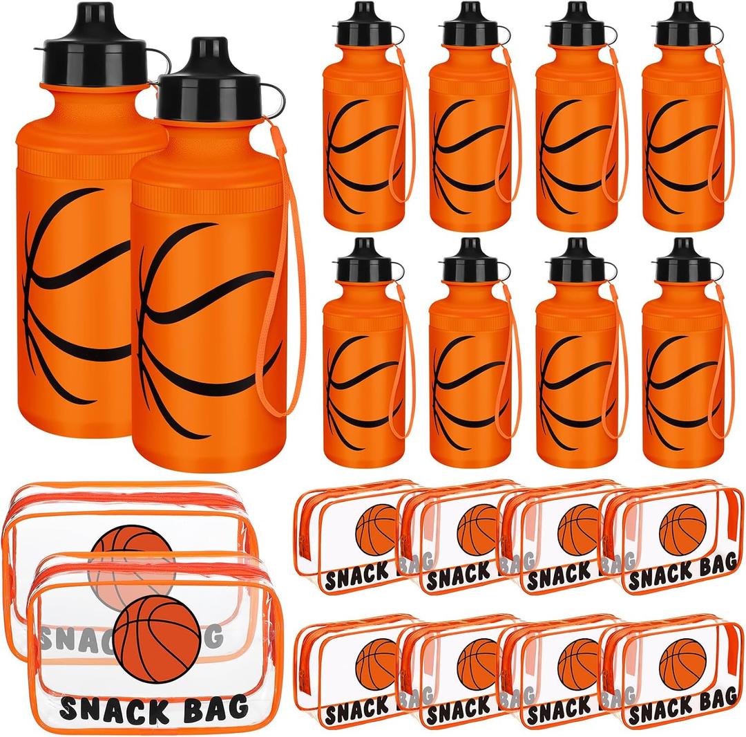 Sadnyy 16 Pcs 8 Sets Water Bottles Bulk with Snack Bags 20 oz Reusable Squeeze Plastic Water Bottle with Handle Strap Clear PVC Waterproof Goodie Gift Bags for Team Gifts Sports Party