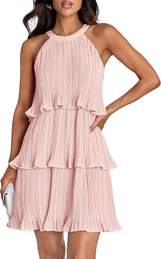 ZESICA Women's 2026 Summer Halter Cocktail Dresses Sleeveless Ruffle Tiered Chiffon Pleated Wedding Guest Mini Dress,
Pink, Medium