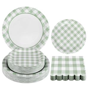 150Pcs Sage Green Gingham Party Supplies Green Gingham Paper Plates and Napkins Green Plaid Plates Disposable Greeny and White Plaid Party Decor for Birthday Family Picnic BBQ Party,Serves 50 Guests