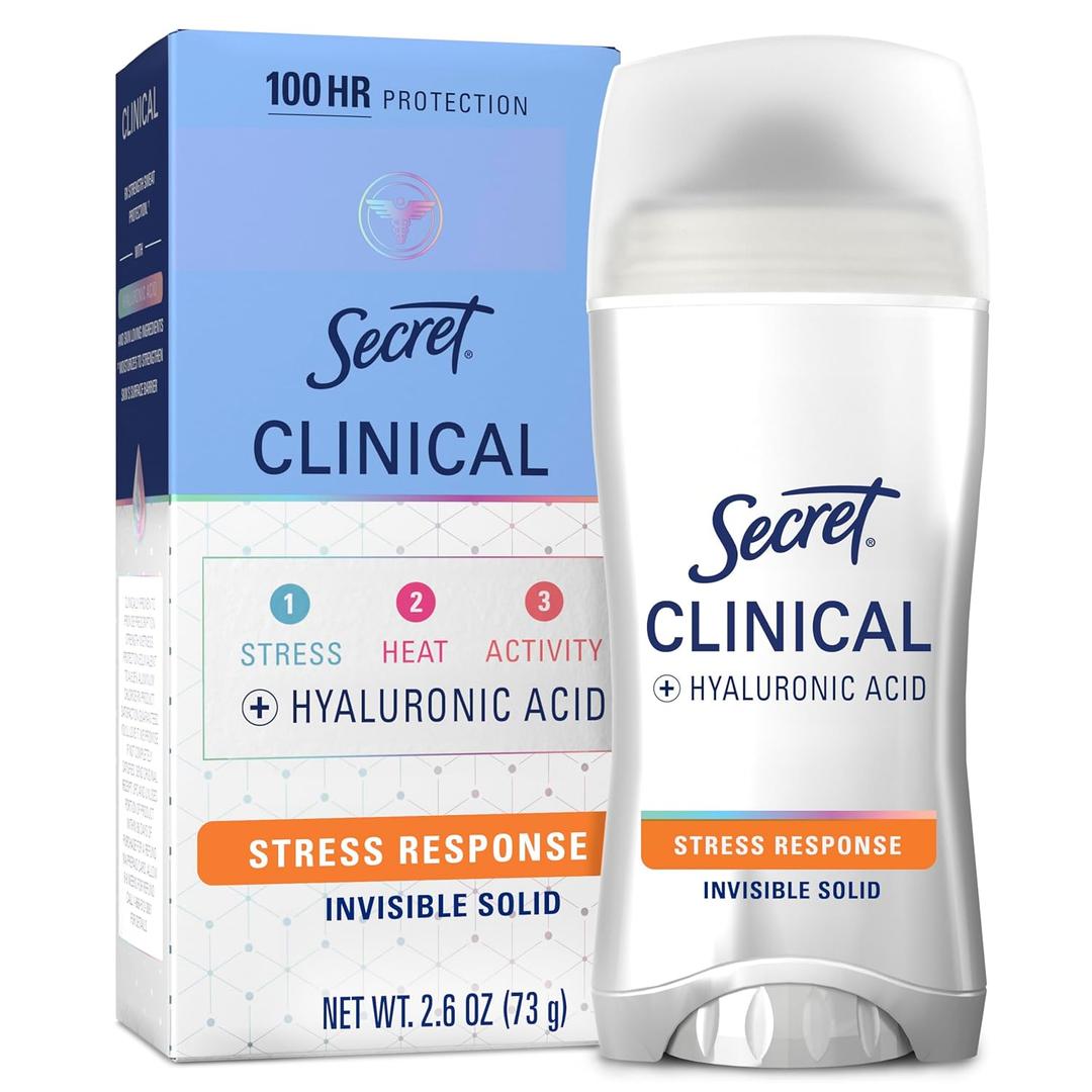 Secret Clinical Strength Antiperspirant Deodorant for Women, Stress Response, 100hr Sweat & Odor Protection, 3X Stress Protection with Hyaluronic Acid, PH Balancing Minerals, Invisible Solid, 2.6 oz