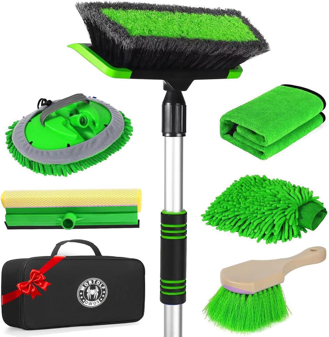 Car Wash Kit, 62'' Car Wash Brush with Long Handle, Soft Bristle Scratch-Free Car Detailing Brush Cleaning Kit, with Wash Mitt Towel Window Squeegee Tire Brush for Car SUV Truck RV Cleaning (Green)