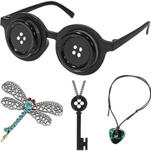 Button Eyes Glasses Halloween Costume Merchandise Cosplay Accessories Necklace Green Stone Hair Clip for Women Fans (4pcs)