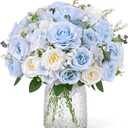 Yastouay 2 Bouquets Peonies Artificial Flowers, Mixed Light Blue & White Fake Peonies with Large Bloom, Silk Peony Flowers Faux Peony Bouquet for Wedding Centerpieces, Table, Vase & Home Decor