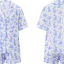 Women Easter Pajamas Set Cute Bunny Button Down Shirt and Shorts 2 Piece Pj Set Y2K Easter Outfits (Blue, M)