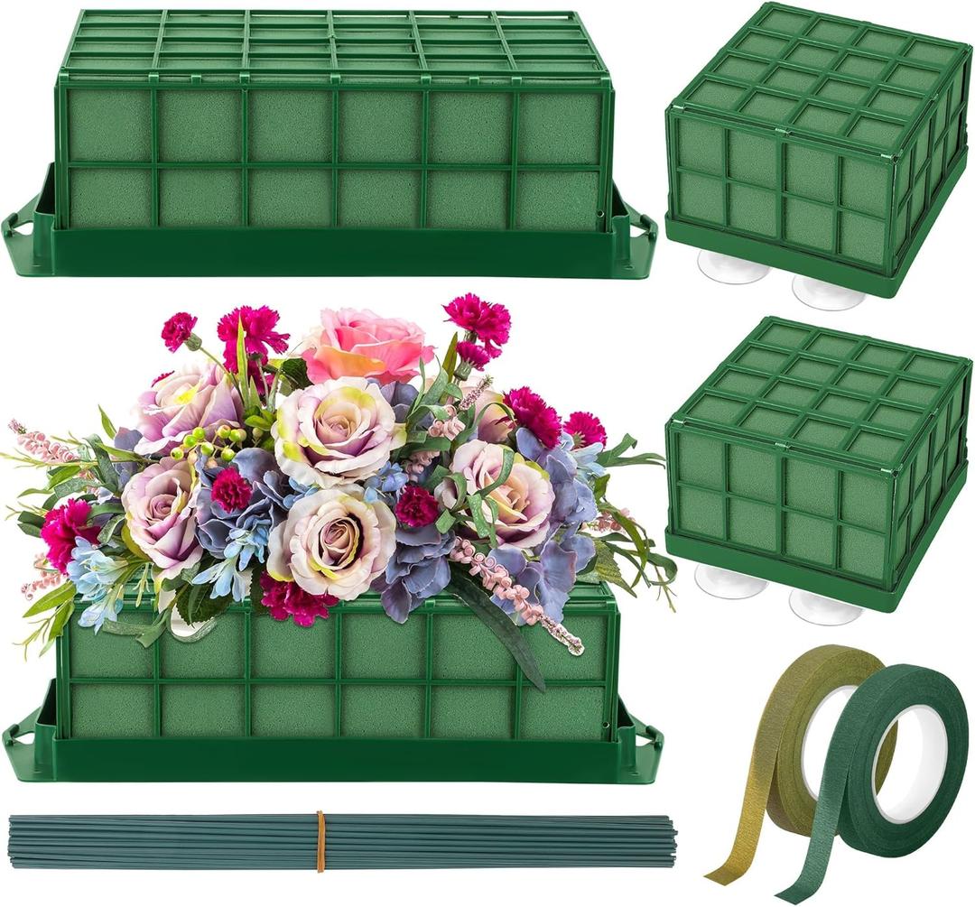 Hahood 3 Packs Floral Foam Cage Rectangle and Square Flower Holder with Floral Foam Blocks Flower Cage Holders Flower Arrangements Supplies Cage for Fresh Flowers, Wedding Home Garden Decorations