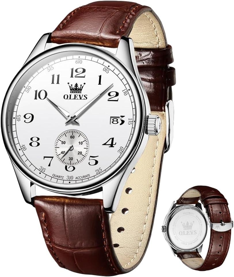 OLEVS Mens Watches Vintage Leather Band Dress Classic Easy Reader Arabic Numerals Analog Quartz Waterproof Date Day Men's Wrist Watches