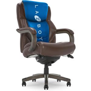 La-Z-Boy Delano Big & Tall Executive Office Chair, Ergonomic Mid-Back Lumbar Support, ComfortCore Memory Foam Cushion, Weathered Gray Wood Arms & Swivel Base, Bonded Leather, Chestnut Brown