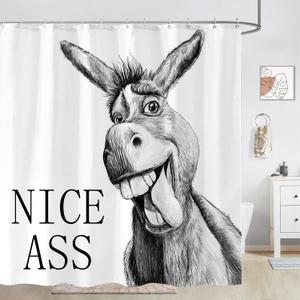Funny Donkey Shower Curtain Rustic Farmhouse Shower Curtains for Bathroom Black and White Fun Cute Animal Wildlife Waterproof Fabric Bath Curtain Decor 72 X 72 Inch