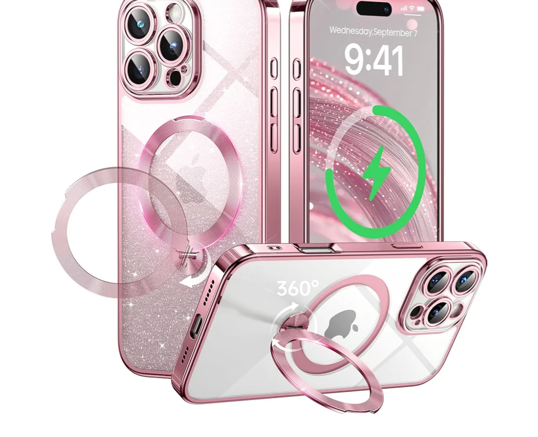 360° Spin CD Stand for iPhone 16 Pro Max Case Compatible with Magsafe Ring [Never Yellow][DIY Glitter Cardstock] Camera Protection Plating Clear Cute Phone Case for Women Girls 6.9'', Pink