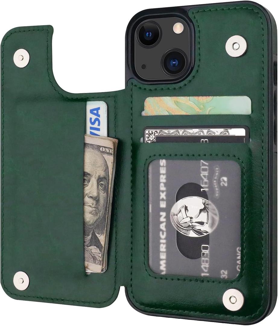 ONETOP Compatible with iPhone 13 Wallet Case with Card Holder, PU Leather Kickstand Card Slots Case, Double Magnetic Clasp Durable Shockproof Cover 6.1 Inch(Green)