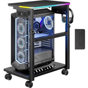 RGB Adjustable Computer Tower Stand, USB Lock Casters Mobile CPU Cart