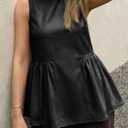 Tankaneo Womens Silk Satin Tank Tops Summer Dressy Casual Babydoll Sleeveless Shirts Peplum Pleated Loose Fit Blouses (Black, L)