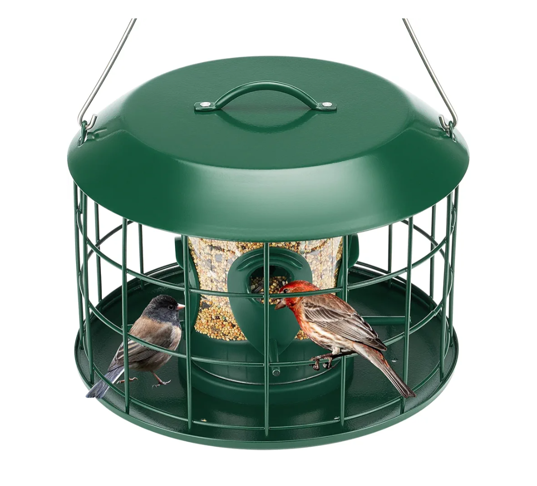 Kingsyard Tube Squirrel Proof Bird Feeders for Outdoor Hanging, Metal Caged Bird Feeder with Rain Proof Covered for Wild birds Finches Bluebird, 4 Feeding Ports, Green