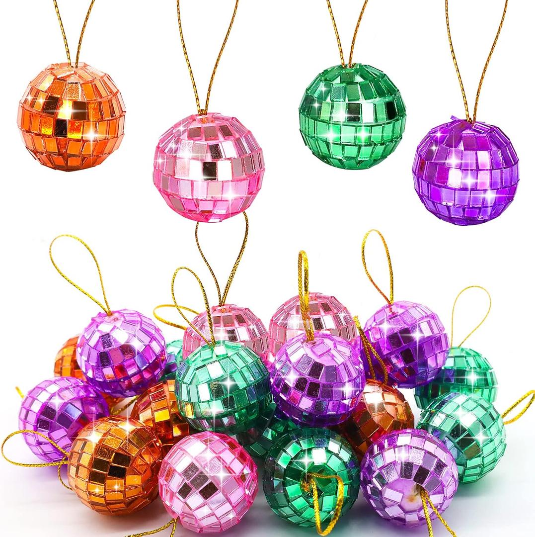 Newmemo Colorful Disco Balls Ornaments 28PCS Mirror Disco Ball Mini Christmas Disco Balls with Rope Hanging Reflective Mirror Disco Ball Cake Topper for Xmas Tree Decoration Birthday Wedding