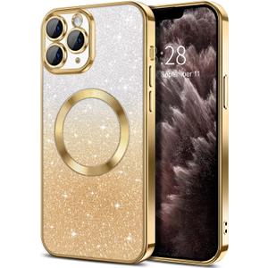 Hython for iPhone 11 Pro Max Case Clear Magnetic Glitter Phone Cases [Compatible with MagSafe] Full Camera Lens Protector Slim Gradient Sparkle Luxury Plating Shockproof Protective Cover Women, Gold