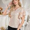 Women Sparkle Sequin Tops Glitter V Neck Elegant Blouse Tiered Ruffles Sleeve Cocktail Soiree Evening Party Disco Club Concert Shirt Champagne XXL (Beige, XXL)