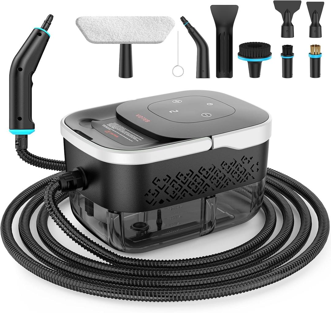 Steam Cleaner, 2500W Heavy Duty Pressurized Handheld Steamer with Built-in 1.32 qt Water Tank & 10 Accessories  for Kitchen, Bathroom, Car, Floors, Furniture, Tile & Windows (Black/White) (touchscreen version)