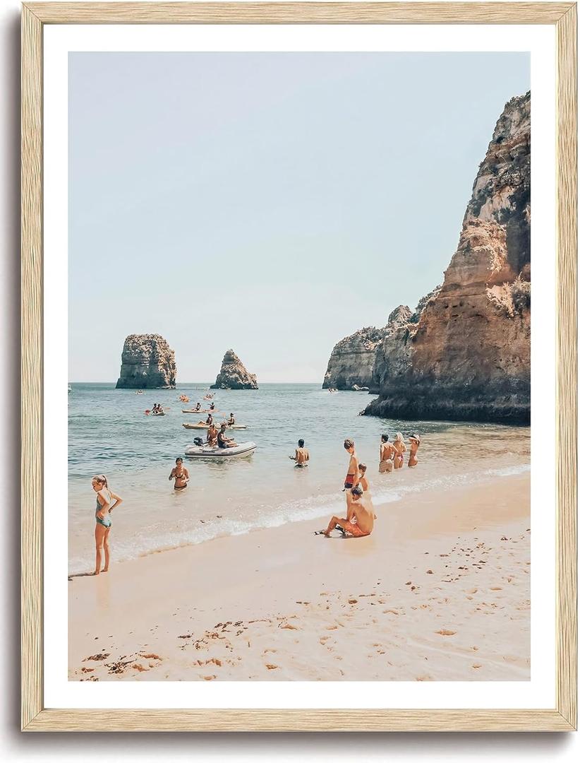 KISSFOX OAK Wood Framed Wall Art Coastal Wall Decor Beach Canvas Art Summer Pictures Surf Paintings Travel Posters Aesthetic Artwork For Bedroom Office Living room, 16"L x 20"W