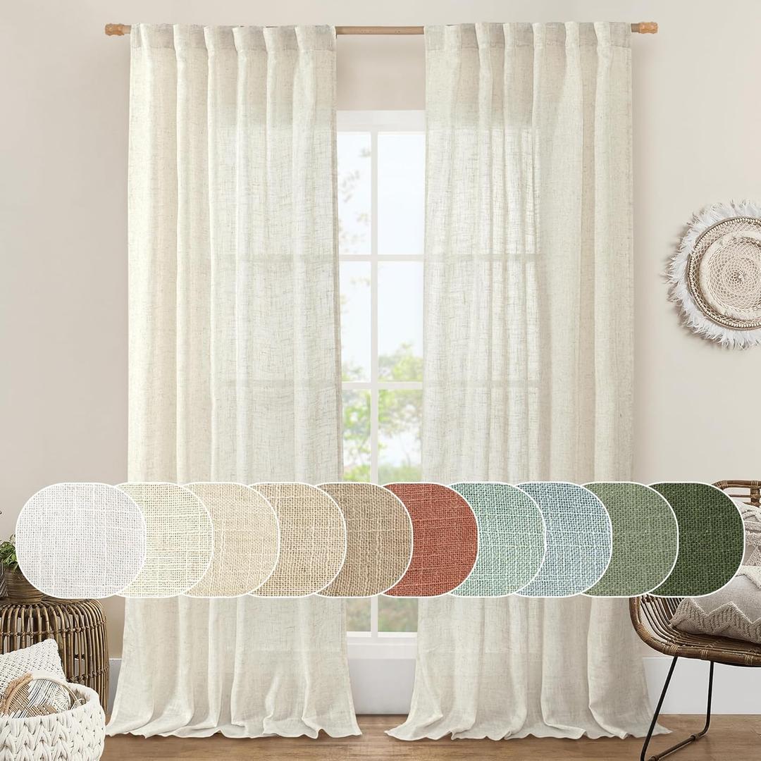LAMIT Cream Ivory Linen Curtains 95 Inches Long 2 Panels Set for Bedroom, Back Tab and Rod Pocket Linen Textured Natural Curtains Light Filtering Boho Drapes for Living Room/Dining Room, 52"W x 95"L (Pack of 2), Natural