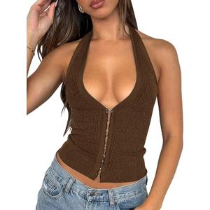 Fallorchid Womens Sleeveless Tank Tops Sexy Y2k Halter V Neck Ribbed Kint Crop Top, Size L