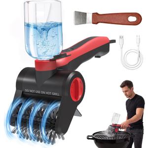 Electric Grill Brush with Water Spray System, Cordless BBQ Grill Cleaner, Rechargeable Power Scrubber for Gas, Charcoal & Pellet Grills, IPX8 Waterproof Grill Cleaning Brush with Scraper & Case