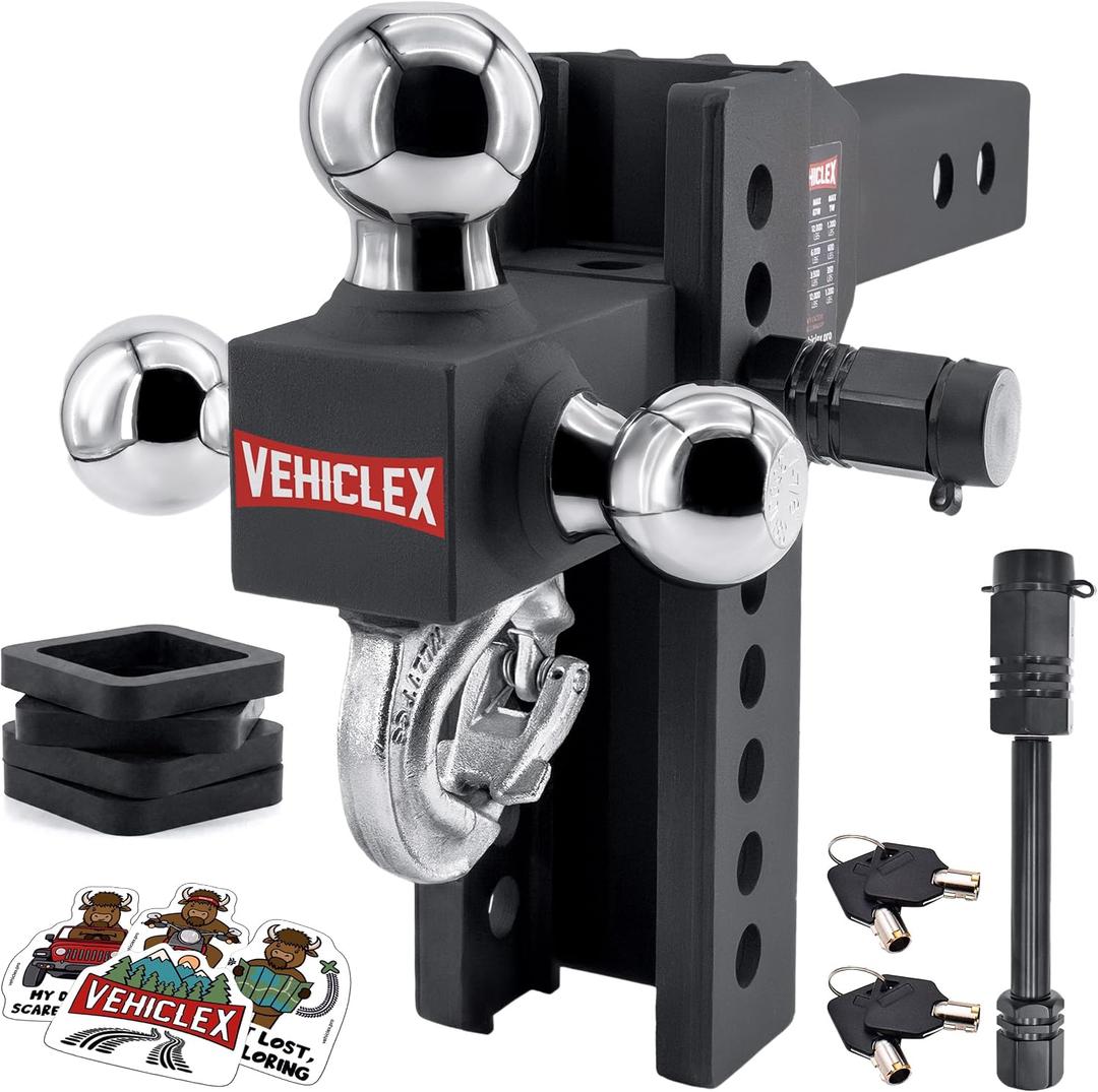 Vehiclex 8" Adjustable Drop Hitch for 2" Receiver, Tri-Ball & Tow Hook
Keyed-Alike Pin Locks, Anti-Rattle Rubber Spacers, Stable Towing Performance, for Mid-Size & Full-Size Trucks