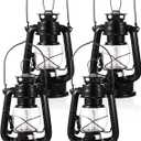 Hortsun 4 Pcs 8 Inch Vintage LED Hurricane Lantern Metal Black Outdoor Battery Operated Hanging Lantern with Warm LEDs and Dimmer Switch for Indoor Rustic Farmhouse Country Camping Decor
