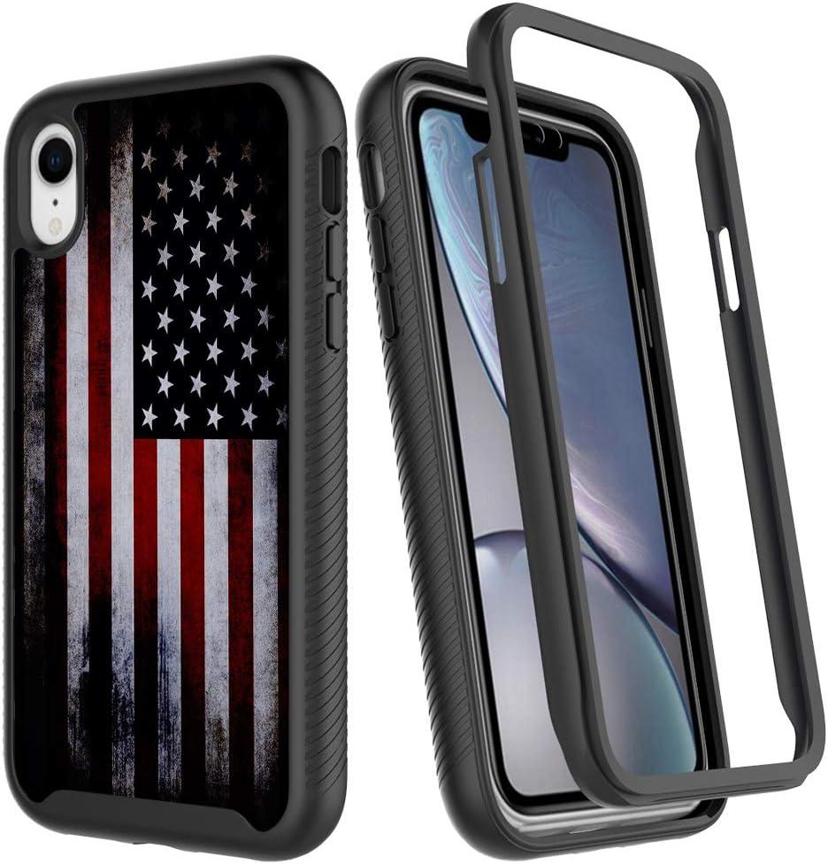 Black Retro Vintage USA American Flag Patriotic Design Compatible with iPhone XR Case for Boys Luxury Shockproof Rugged Cover Dual Layer Soft TPU + Hard PC Bumper Full-Body Protective Case