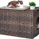 Cat Litter Box Enclosure with Litter Trapping Mat; Handwoven Plastic Rattan Cat House; No Installation Hidden Cat Washroom; Pet Crate for Balcony,Bedroom,Living Room (30.3'' L x 18.2'' W x 20.5'' H, Brown)
