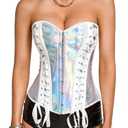 ChiaoLezhee Women's Metallic Leather Overbust Corset Top Reflective Punk Festival Rave Outfits Laser Strapless Sparkly Latex Lace-Up Sexy Bustier Halloween Club Party,Silver Holographic,Medium
